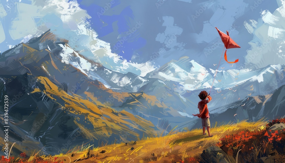Obraz premium Mountain Mischief: A Caucasian Boy and His Kite Adventure