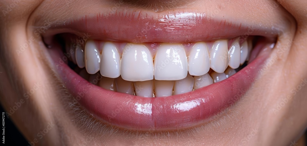 Obraz premium Close-up of a person's perfect smile with white, well-aligned teeth and healthy gums, capturing a moment of genuine happiness.