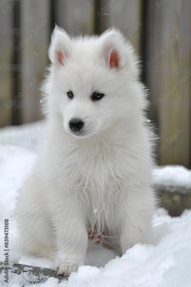 Fototapeta premium Cute samoyed puppy in snowy setting, displaying playful demeanor with a mischievous look