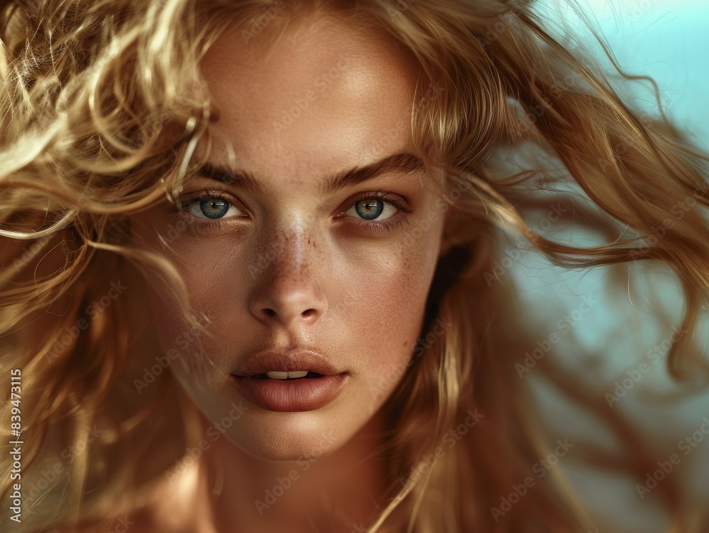 Naklejka premium The face of a young woman with beautiful eyes close-up. Well-groomed skin. Beauty and health.