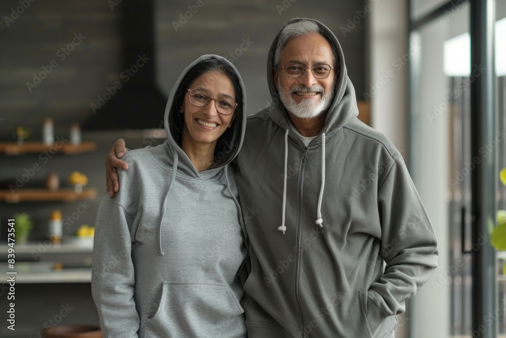 Portrait of a satisfied indian couple in their 50s sporting a comfortable hoodie over modern minimalist interior Portrait of a satisfied indian couple in their 50s sporting a comfortable hoodie over modern minimalist interior