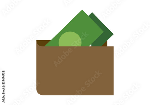 Cartera marrón de cuero con billetes.