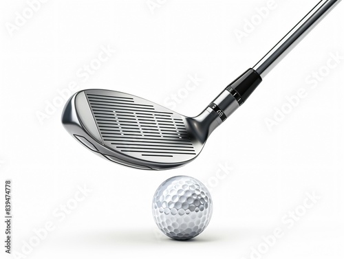 Golf ball and club on white surface photo