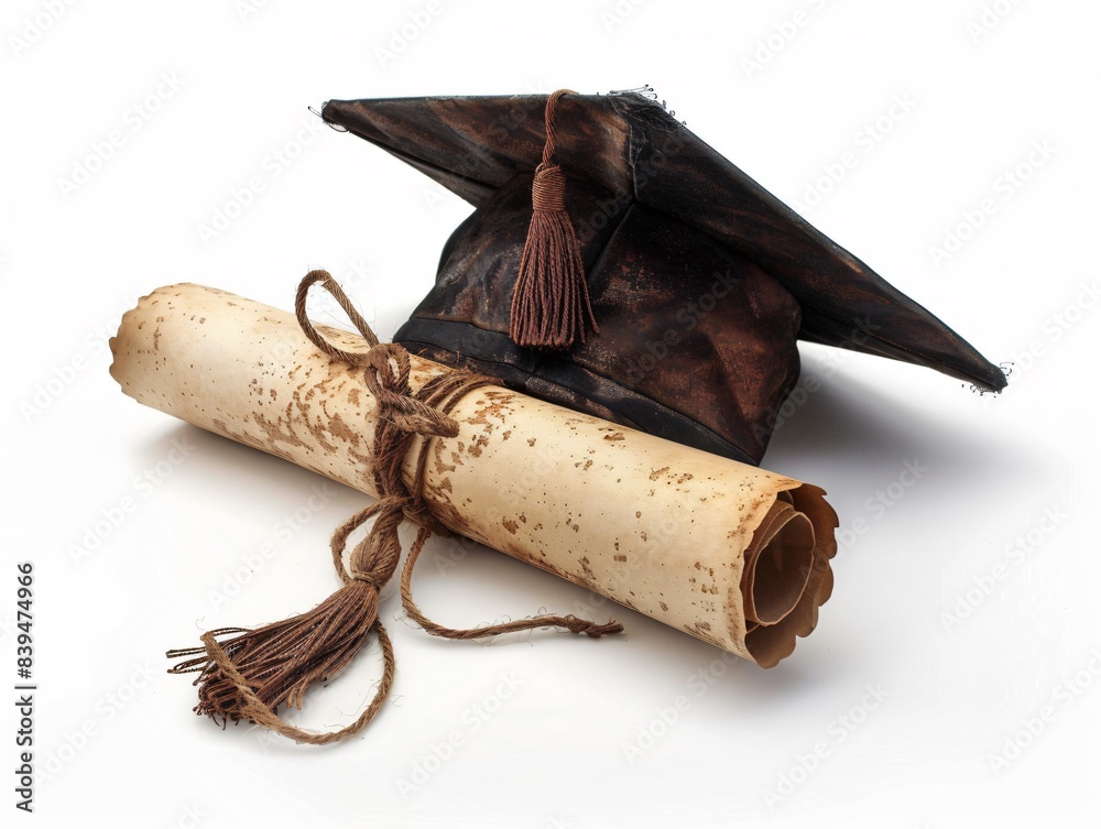 Graduation cap, diploma on white background Graduation cap, diploma on white background