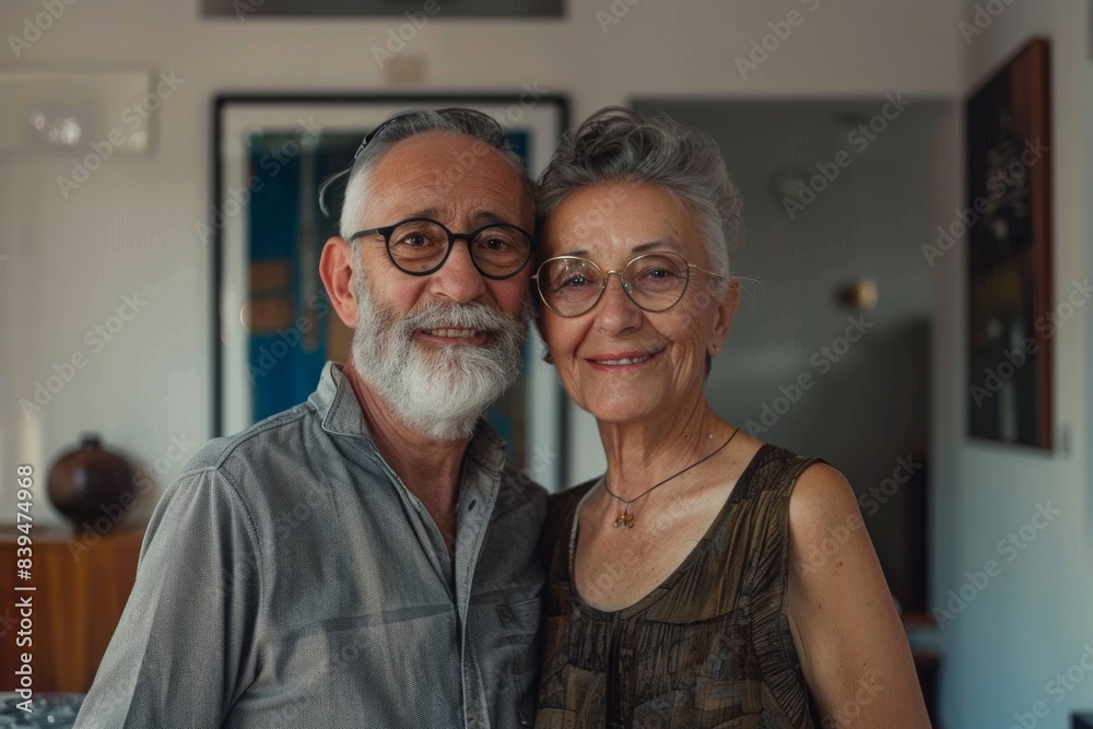 Portrait of a happy couple in their 60s donning a trendy cropped top on modern minimalist interior Portrait of a happy couple in their 60s donning a trendy cropped top on modern minimalist interior