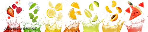 Set of fresh fruits falling in juice splashes isolated on white. Collection  for healthy drink and food concept.
