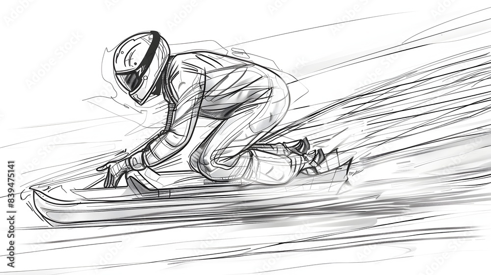 Skeleton Racer Gliding on Sled in Fluid One-Line Drawing Skeleton Racer Gliding on Sled in Fluid One-Line Drawing