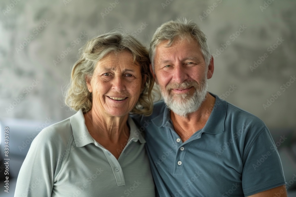 Portrait of a blissful caucasian couple in their 70s wearing a sporty polo shirt isolated in modern minimalist interior Portrait of a blissful caucasian couple in their 70s wearing a sporty polo shirt isolated in modern minimalist interior