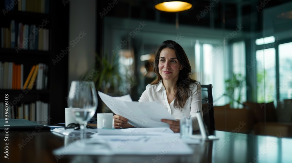 A beautiful smiling woman is dressed in a business style, holding documents in her hands. Concept of legal and financial assistance. A beautiful smiling woman is dressed in a business style, holding documents in her hands. Concept of legal and financial assistance.