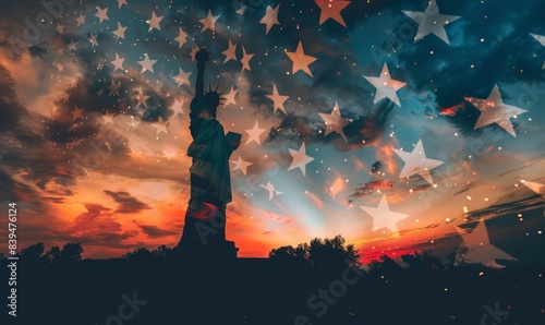 Statue of Liberty with an American flag background, silhouette against sunset sky, stars forming clouds in the sky, double exposure effect Generative AI