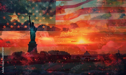 A double exposure of the Statue of Liberty and an American flag, with stars forming in the sky at sunset Generative AI