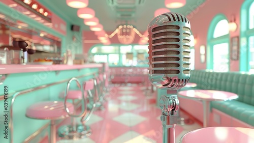 Retro Diner Interior with Vintage Microphone on Table photo