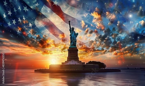 Statue of Liberty with an American flag background Sunset sky with stars and clouds in the style of an American landscape painter Generative AI