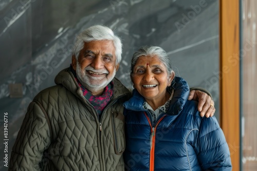 Portrait of a grinning indian couple in their 70s sporting a quilted insulated jacket in modern minimalist interior