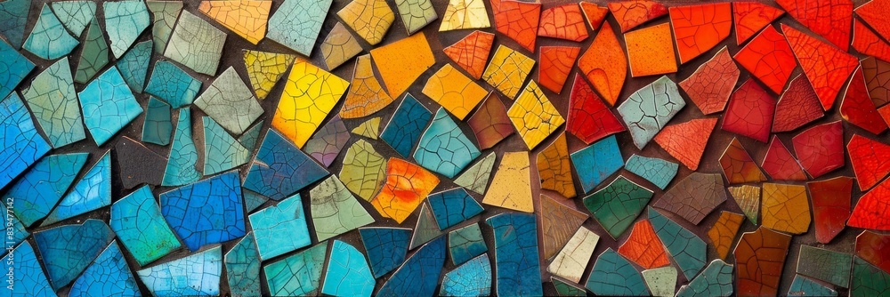 Abstract mosaic of colorful tiles boasting vibrant geometric patterns in a modern art composition. Intricate, high contrast, top-down view. Abstract mosaic of colorful tiles boasting vibrant geometric patterns in a modern art composition. Intricate, high contrast, top-down view.