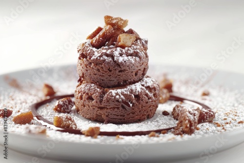 Decadent molten chocolate lava cake topped with powdered sugar and caramelized nuts in a minimalistic dessert presentation with white plate