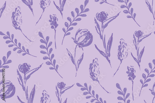 Simple Vector watercolor flowers pattern on purple background. Seamless flowers print, leaves, colossus ornament. Floral watercolor print for textile, wrapping paper, fabric