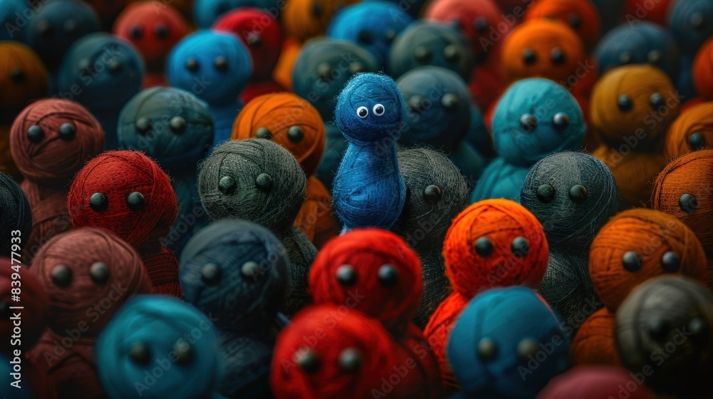 Diversity, equity and inclusion concept. DEIB. Blue Yarn Creature Among Crowd Diversity, equity and inclusion concept. DEIB. Blue Yarn Creature Among Crowd