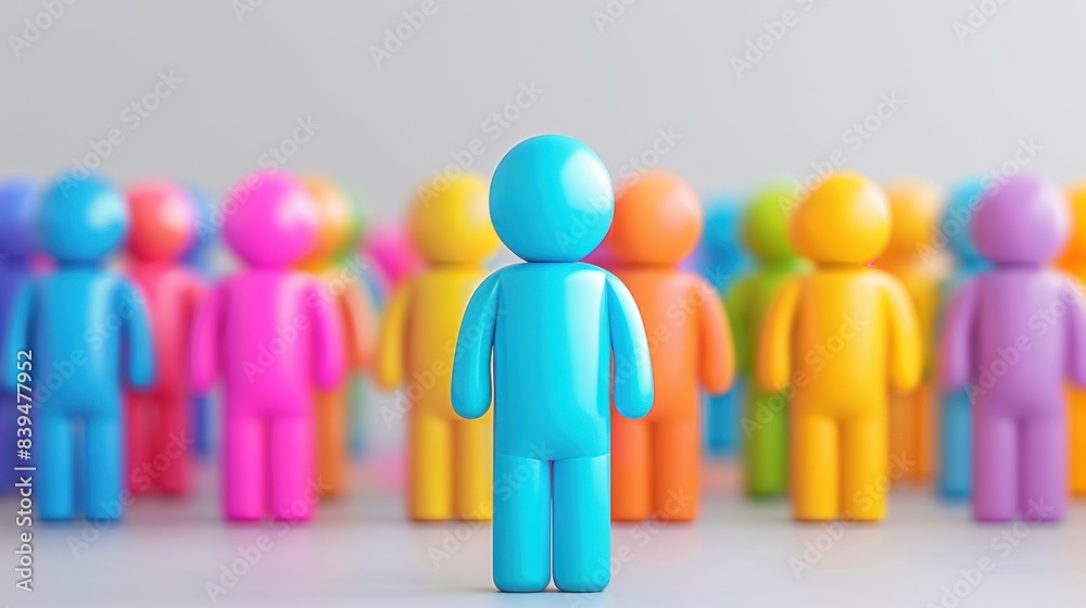 Diversity, equity and inclusion concept. DEIB. Blue Figure Standing Out From Crowd Diversity, equity and inclusion concept. DEIB. Blue Figure Standing Out From Crowd