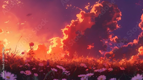 Stunning Sunset Over Flower-Filled Field,Vibrant Sky and Clouds Backdrop