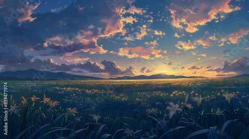 Stunning Sunset Over Lush Meadow with Mountain Backdrop
