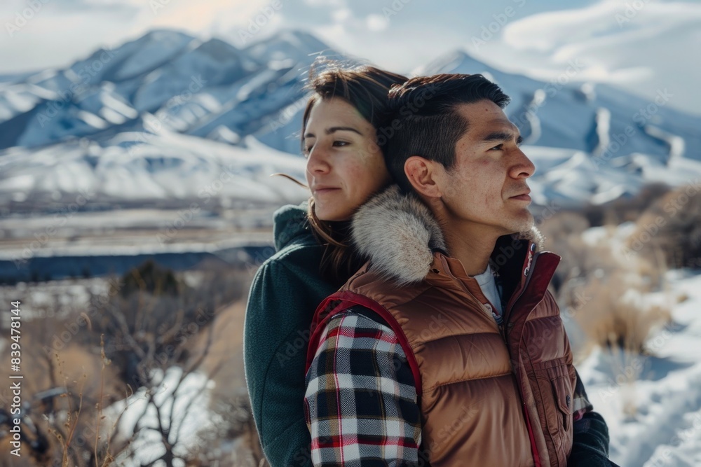 Portrait of a tender latino couple in their 20s dressed in a thermal insulation vest isolated in snowy mountain range Portrait of a tender latino couple in their 20s dressed in a thermal insulation vest isolated in snowy mountain range