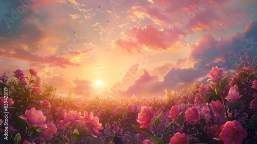 Stunning Sunset Over Vibrant Floral Garden with Majestic Clouds in the Sky © Everything by Rachan