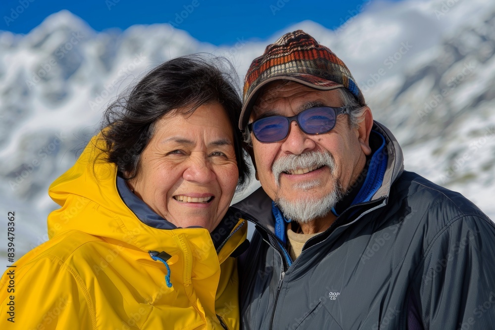 Portrait of a grinning latino couple in their 50s wearing a functional windbreaker over snowy mountain range Portrait of a grinning latino couple in their 50s wearing a functional windbreaker over snowy mountain range