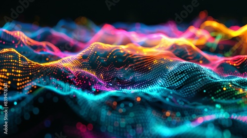 Digital waveforms in neon colors on a black background, showcasing intricate details and dynamic patterns, futuristic visuals.