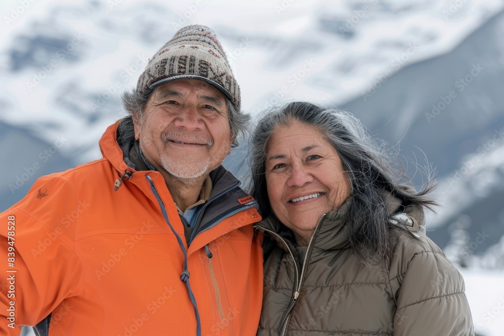 Portrait of a grinning latino couple in their 50s wearing a functional windbreaker isolated on snowy mountain range Portrait of a grinning latino couple in their 50s wearing a functional windbreaker isolated on snowy mountain range