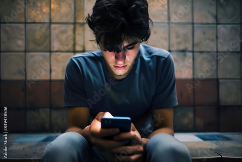 Young man addicted to cell phone, suffering of Nomophobia. Smartphone overuse and internet addiction concept. 