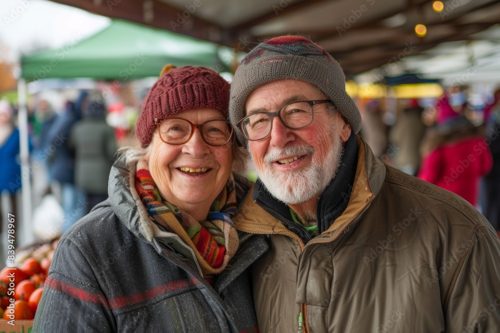 Portrait of a cheerful caucasian couple in their 70s donning a durable down jacket isolated in bustling farmer's market Portrait of a cheerful caucasian couple in their 70s donning a durable down jacket isolated in bustling farmer's market