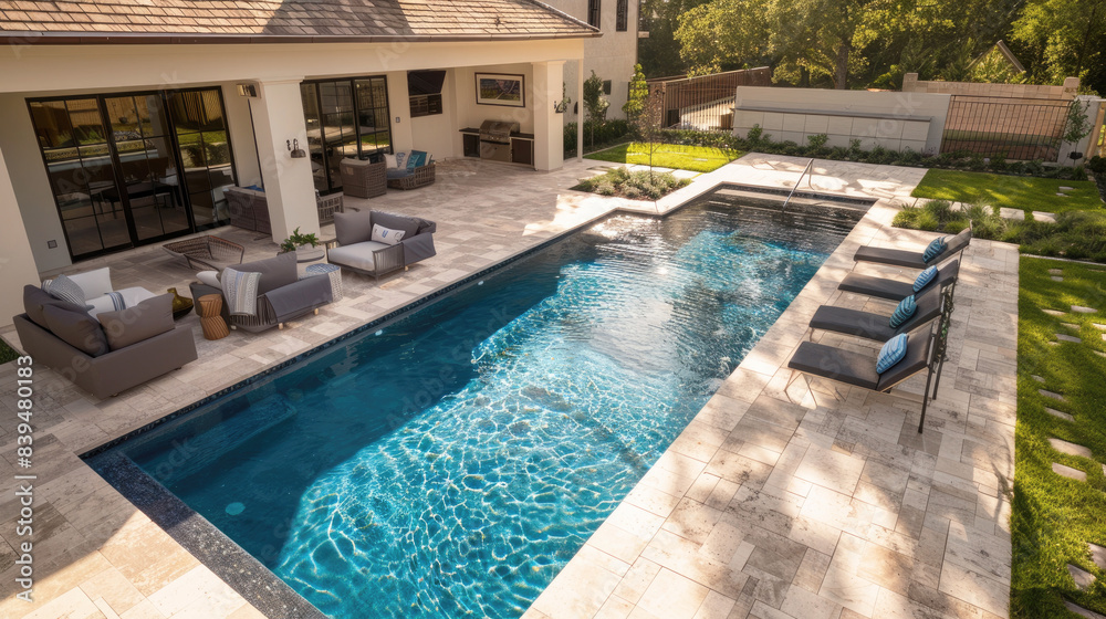 Fototapeta premium Modern private secluded villa with backyard swimming pool with patio and other outdoor furniture, aerial view.
