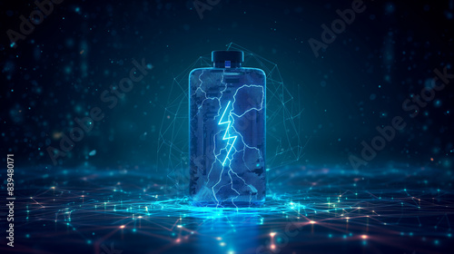 A digital representation of a battery, illuminated in a vibrant shade of blue. The battery is depicted in a vertical orientation, with a lightning bolt symbol in the center.