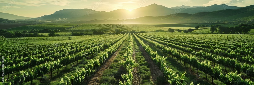 Explore a stunning vineyard with vibrant grapevines and distant mountains, bathed in golden sunlight. Serene aerial view capturing lush, vivid greens. Explore a stunning vineyard with vibrant grapevines and distant mountains, bathed in golden sunlight. Serene aerial view capturing lush, vivid greens.