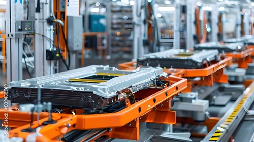 Mass production assembly line of electric car battery cells in a busy factor