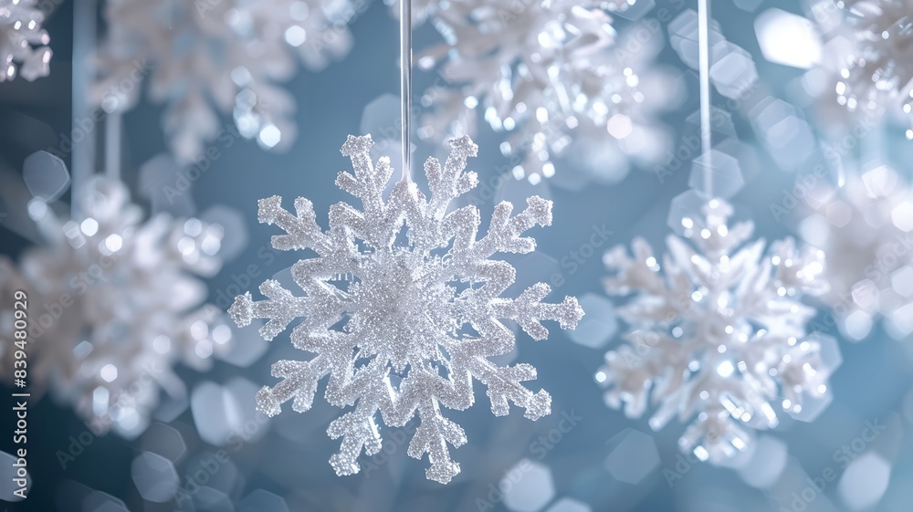 Close-up of sparkling white snowflake decoration Close-up of sparkling white snowflake decoration
