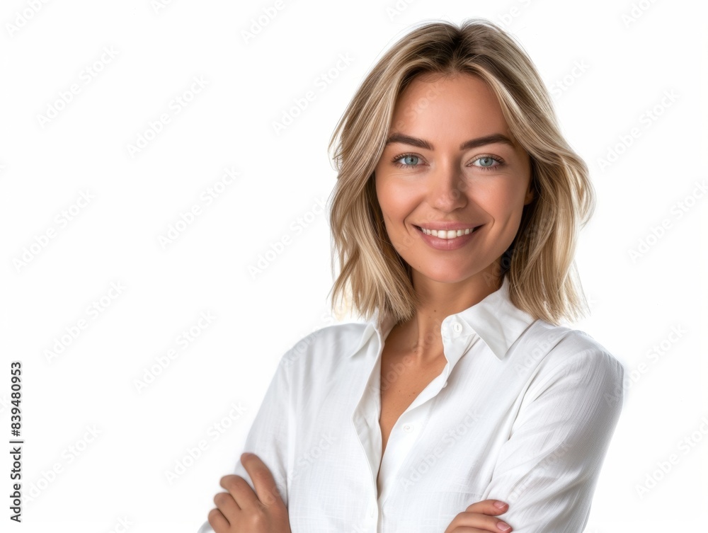 Beautiful, confident blonde woman wears white clothes and smiles on a white background. Copyspace. Businesswoman. Company employee. Beautiful, confident blonde woman wears white clothes and smiles on a white background. Copyspace. Businesswoman. Company employee.