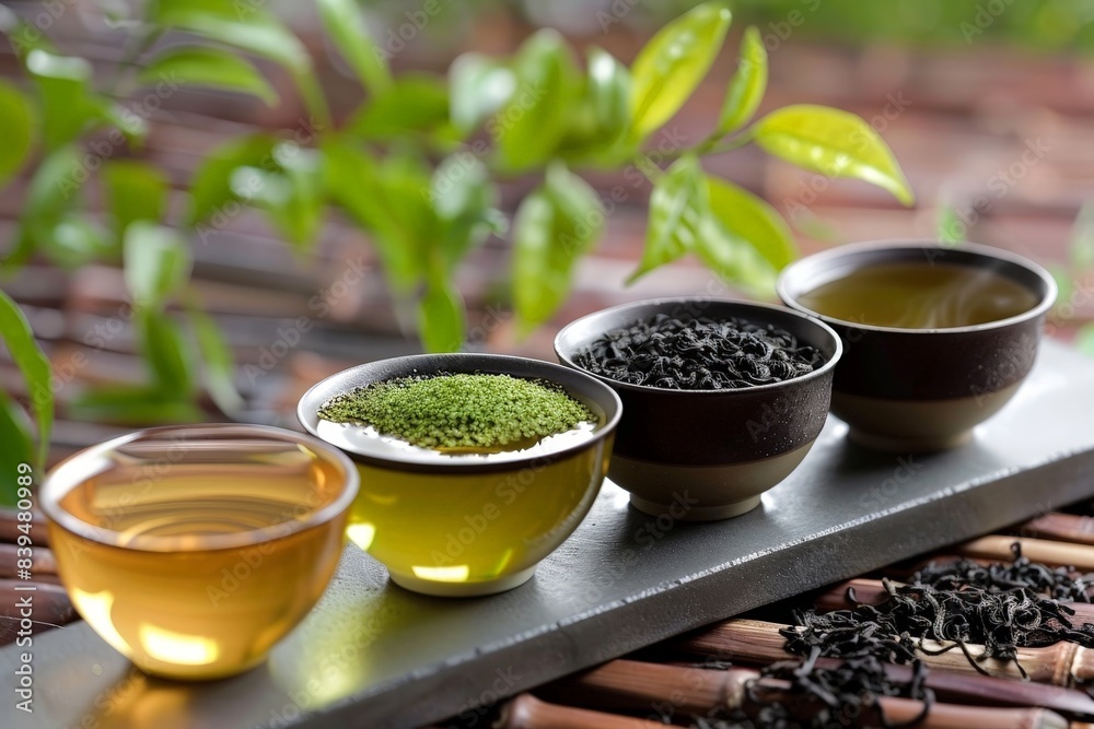 Variety of Exquisite Teas in Elegant Cups and Teapots with Close-up Tea Leaves Background Variety of Exquisite Teas in Elegant Cups and Teapots with Close-up Tea Leaves Background