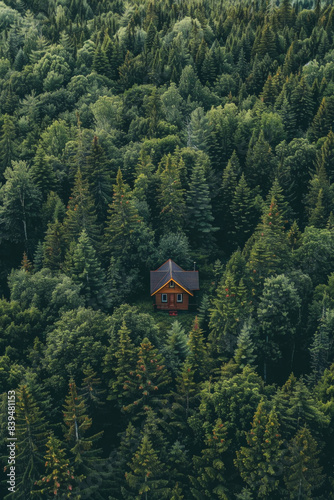 Aerial view of an isolated cabin nestled in a dense forest, surrounded by a sea of green treetops. Emphasize the solitude and simplicity of the scene © grey