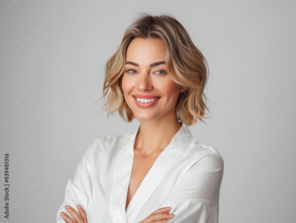 Beautiful, confident blonde woman wears white clothes and smiles on a grey background. Copyspace. Businesswoman. Company employee. Beautiful, confident blonde woman wears white clothes and smiles on a grey background. Copyspace. Businesswoman. Company employee.