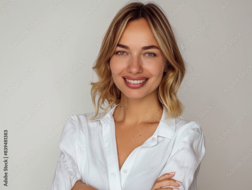 Beautiful, confident blonde woman wears white clothes and smiles on a grey background. Copyspace. Businesswoman. Company employee. Beautiful, confident blonde woman wears white clothes and smiles on a grey background. Copyspace. Businesswoman. Company employee.