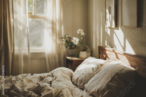 Stylish and cozy bedroom  warm beige tones. 