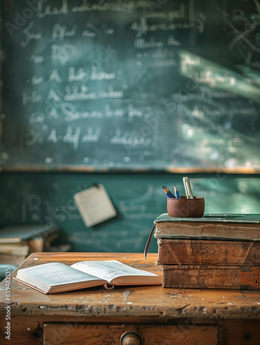 A vintage classroom setting featuring an old wooden desk with open books, stacked textbooks, and a chalkboard filled with notes.