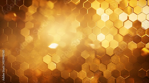Fototapeta Naklejka Na Ścianę i Meble -  Shimmery gold hexagon shape background. Gold abstract futuristic digital geometric technology hexagon background banner illustration. 3d shape texture