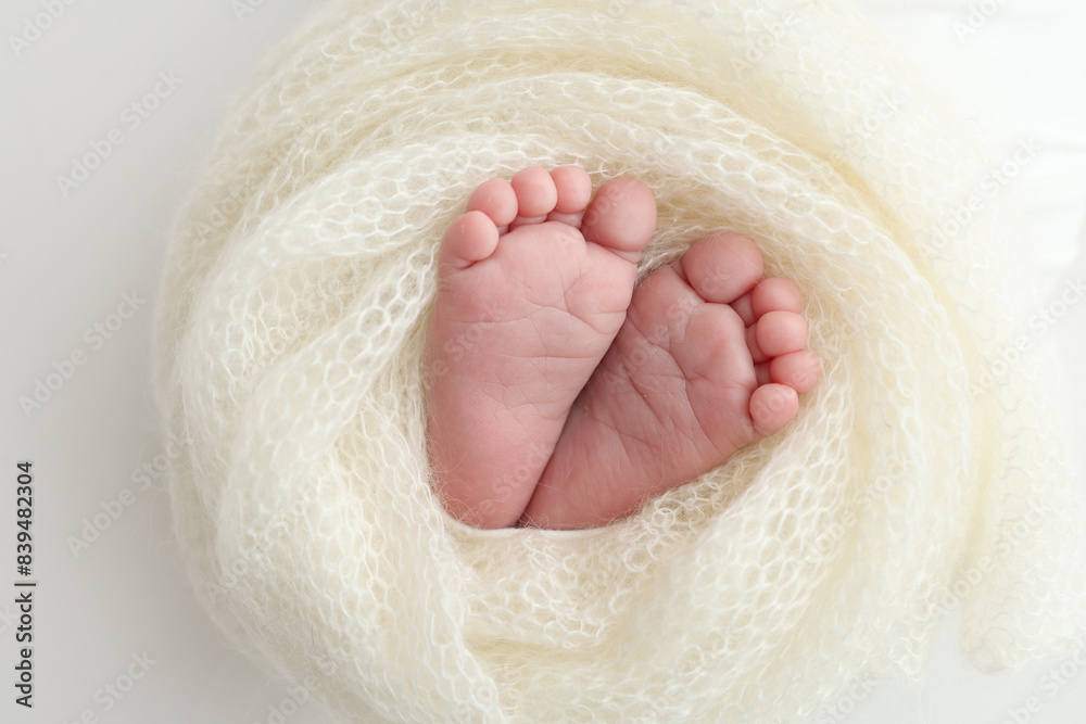 The tiny foot of a newborn baby. Soft feet of a new born in a wool white blanket. Close up of toes, heels and feet of a newborn. Macro photography. The tiny foot of a newborn baby. Soft feet of a new born in a wool white blanket. Close up of toes, heels and feet of a newborn. Macro photography.