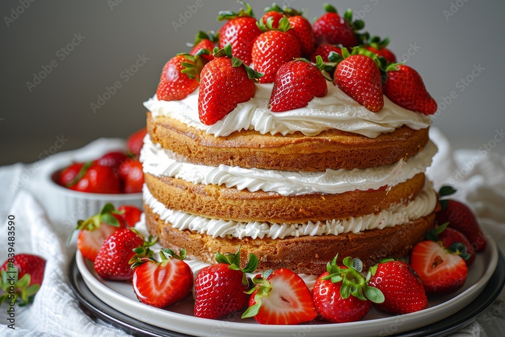Layered strawberry shortcake with fresh berries and whipped cream in a rustic setting Layered strawberry shortcake with fresh berries and whipped cream in a rustic setting
