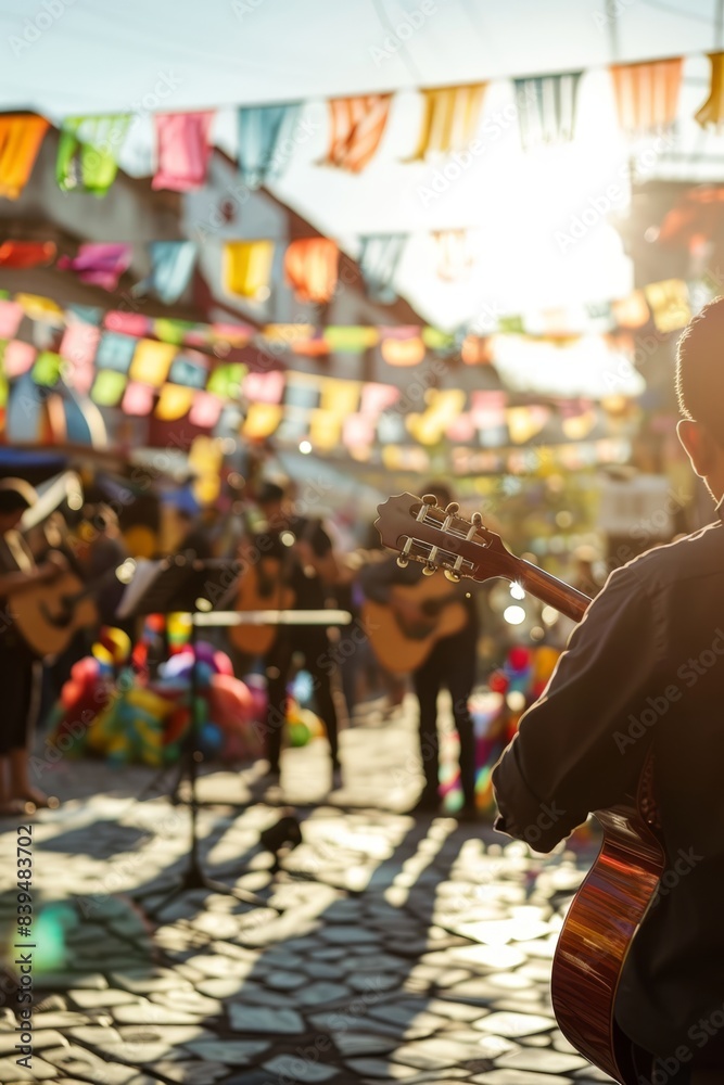 a man playing guitar in front of a crowd of people
