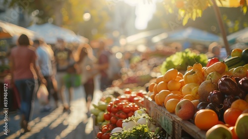 people are walking through an outdoor market with lots of fresh produce
 photo