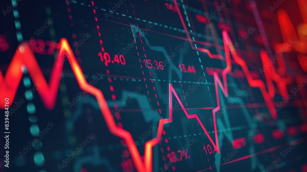 Business graph with ascending and descending lines, displayed on a digital screen, office environment, symbolizing market shifts Business graph with ascending and descending lines, displayed on a digital screen, office environment, symbolizing market shifts